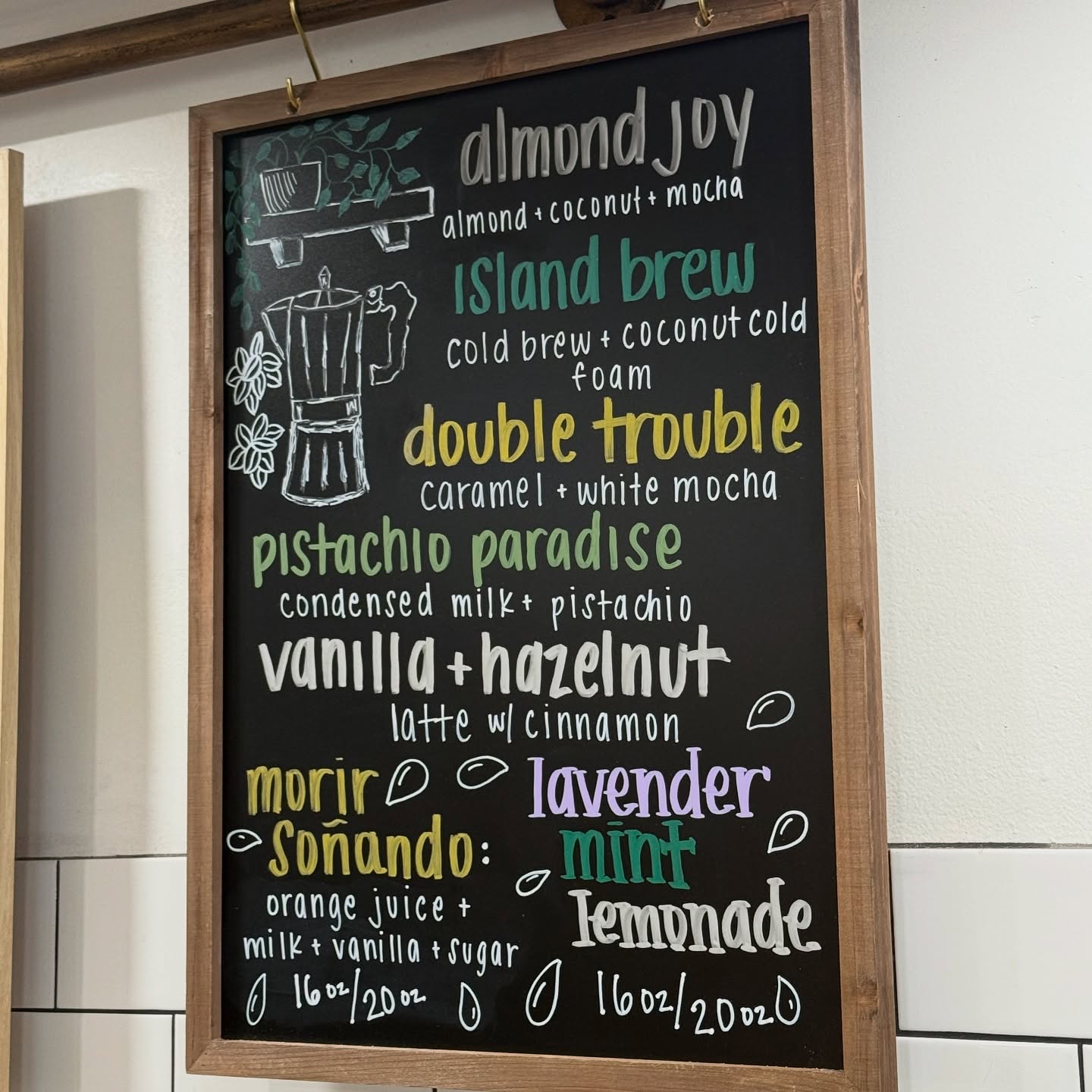 Summer specials chalkboard with Almond Joy and Island Brew